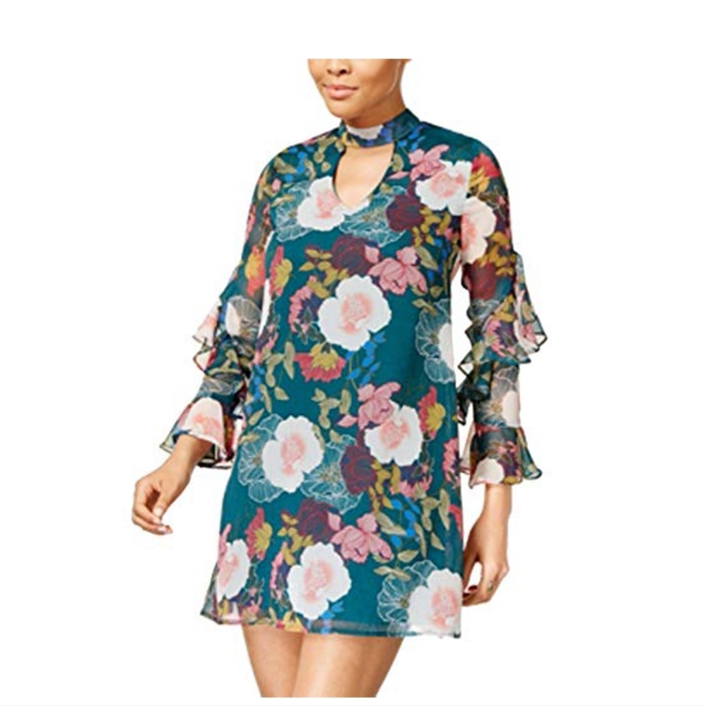 As U Wish Green Floral Choker-Neck Dress Juniors Sz L